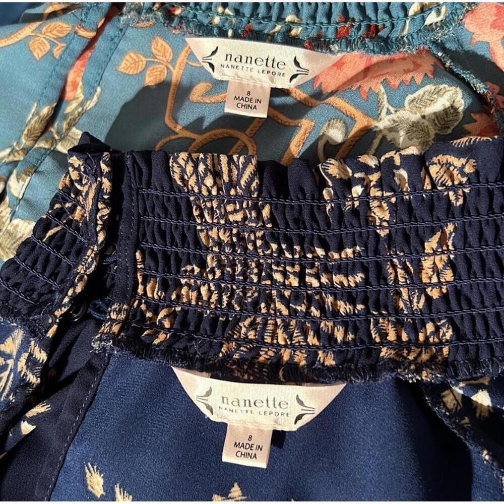 Nanette Lepore Midi Size 8 Teal Floral Print Ruffled Neck - Picture 9 of 9